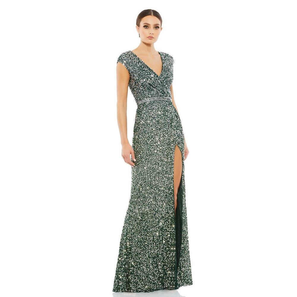 Mac Duggal 5489 Beautiful V-Neck Dress Sequin Embellishment Forest Green 2 NWT